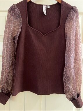 Dolan Chocolate Brown Knit Top with Sheer Leopard Puff Sleeves
